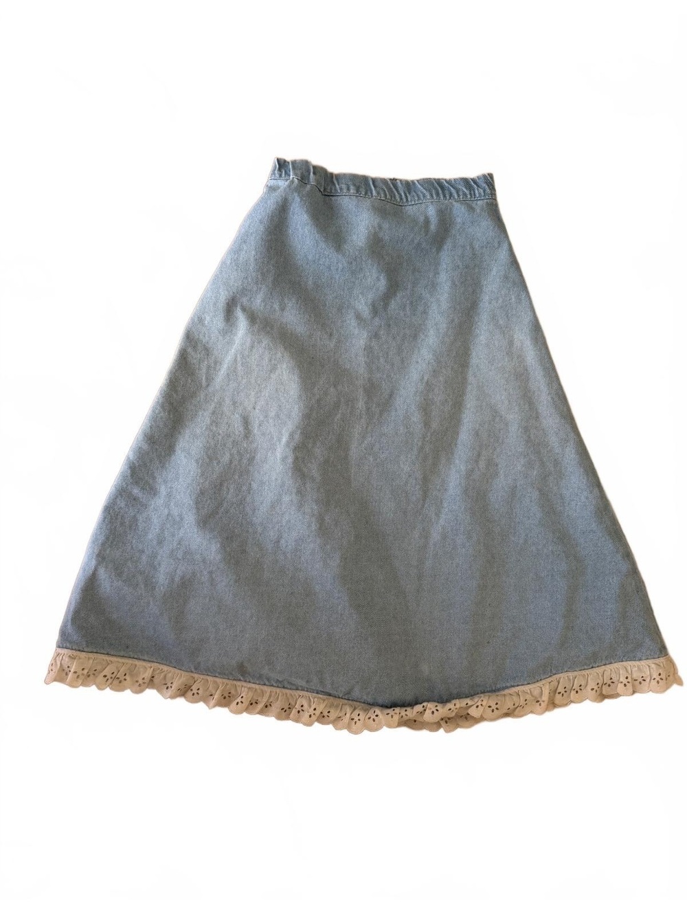 Vintage Light Blue Denim Skirt with Beige Lace Trim